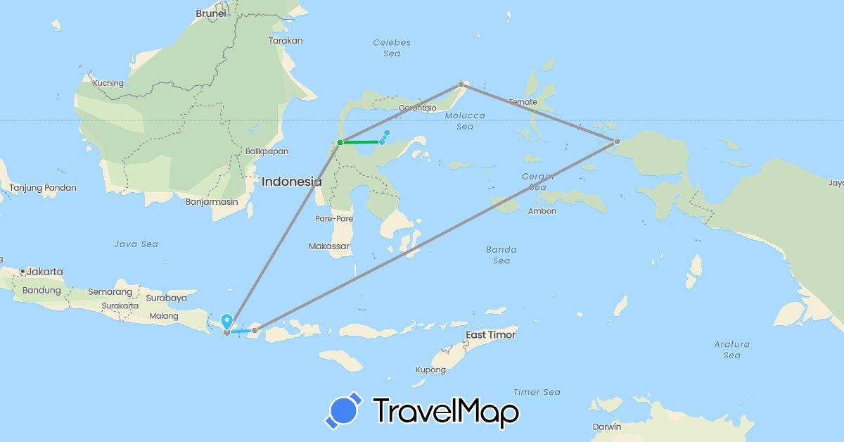 TravelMap itinerary: bus, plane, boat in Indonesia (Asia)